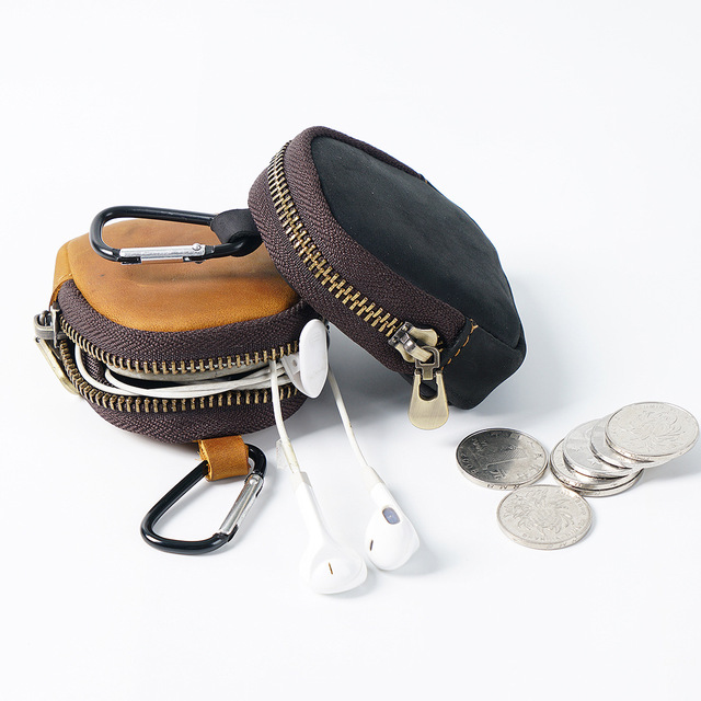 Creative Crazy Horse Leather Earphone Storage Bag Coin Bag Retro Mini Zipper Coin Purse