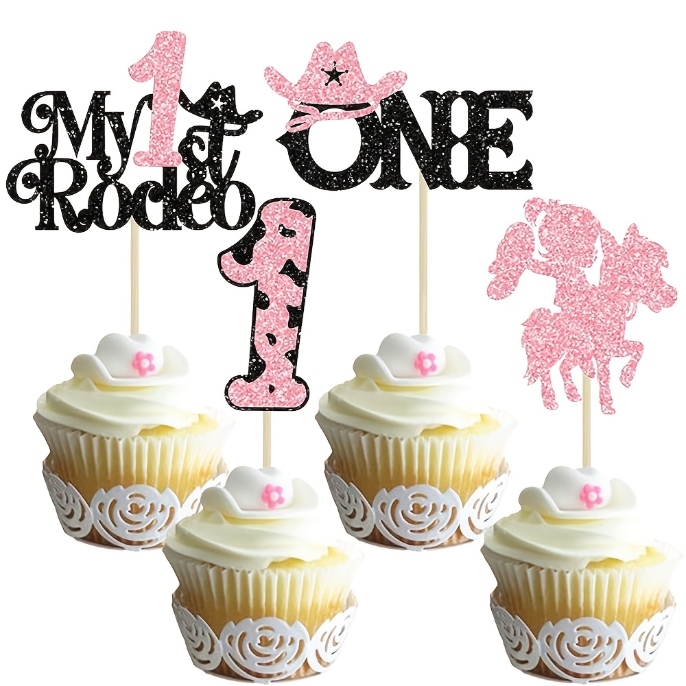 Pink Glitter Western Cowboy Cake Topper - Happy Birthday, Pre-Assembled, Cowgirl Party Decor