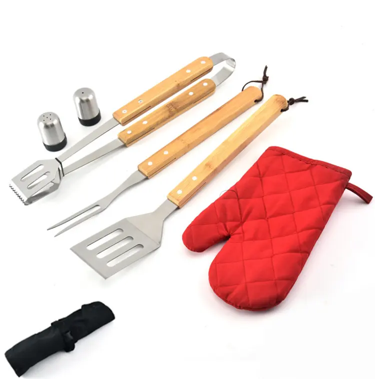 Factory sells Stainless steel 6PCS aprons bamboo handle barbecue tools set
