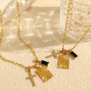 Collier en acier inoxydable à la mode européenne américaine avec pendentif carré en pierre unique <span class=keywords><strong>Combinaison</strong></span> <span class=keywords><strong>de</strong></span> croix en zircon noir - Product Image 1
