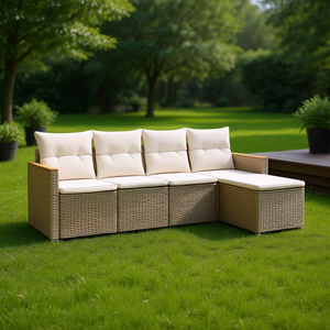 Conjunto de Sofás Modulares de Ratán Beige para Jardín, Muebles de Exterior con Diseño Acolchado Cómodo y Elegante - Product Image 2