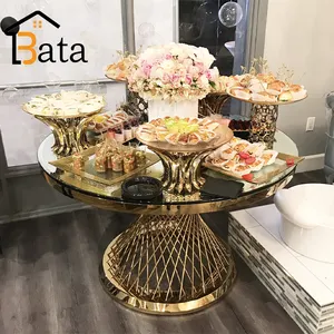 Mirror Glass Top Wedding Event Gold Stainless Steel Round Cake Tables