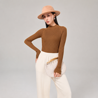 22387 Pull en tricot élégant coréen en soie de mûrier soyeuse, col semi-montant, en laine aux couleurs riches, coupe ajustée, chaud, pour le quotidien
