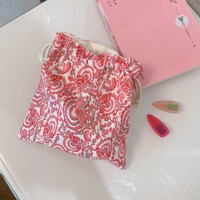 Tas Serut Katun Motif Bunga dengan Mulut yang Dapat Diketatkan, Tas Penyimpanan Kecil yang Lembut, Tas Ponsel Artistik Retro