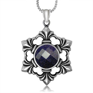 Japanese Korean Style Blue Sandstone Inlaid <b>Titanium</b> Steel Pendant Necklace Flower Shape Snowflake Design Unisex Fashion - Product Image 1