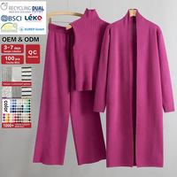 Lässiges Strick-Dreiteiler-Set für Damen Herbst Winter Lange Strickjacke Weste Weite Hose Damen Strickpullover-Set