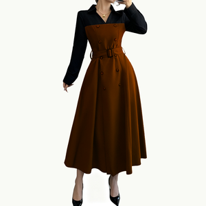 Robe de bureau élégante pour femmes avec col rabattu et boutons tendance, robe <span class=keywords><strong>longue</strong></span> à manches longues avec ceinture, couleur contrastée - Product Image 6