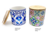 Contenants de cuisine en céramique imprimés bohèmes de luxe, couvercles en bois amovibles hermétiques - Forme cylindrique durable et écologique pour la farine et le thé