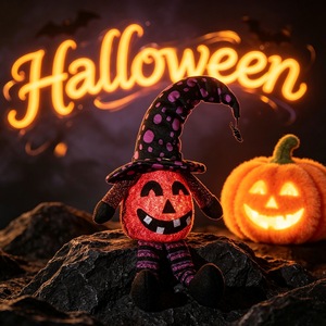 En gros, Décoration d'Halloween : Poupée gnome citrouille LED lumineuse, avec chapeau de sorcière et araignée, ornement en peluche gnome sans visage assis - Product Image 4