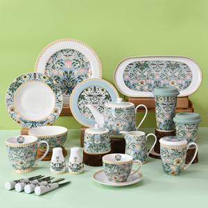 Hot Bán Sang Trọng Màu Xanh Lá Cây Gốm Bộ Bát Đĩa Mới Nhất Sơn Bộ Đồ Ăn Với Các Nhà Máy Hoa Underglaze Sứ Phù Hợp Với Cho Bữa Ăn Tối - Product Image 1