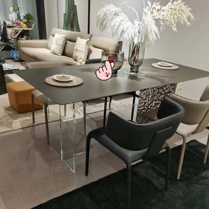 Juego de Comedor de Lujo con Mesa Rectangular de Losa de Roca con Patrón de Mármol, Base de Metal Dorado y 6 Sillas, Muebles para Hogar, Restaurante y Hotel - Product Image 2