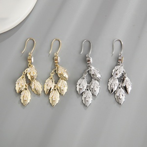 Vintage 18K Gold Metal Leaf CZ Zircon Diamond Dangle Earrings for Women <strong>Huggie</strong> Style with Hook Shape Exaggerated Dangle Design - Product Image 5