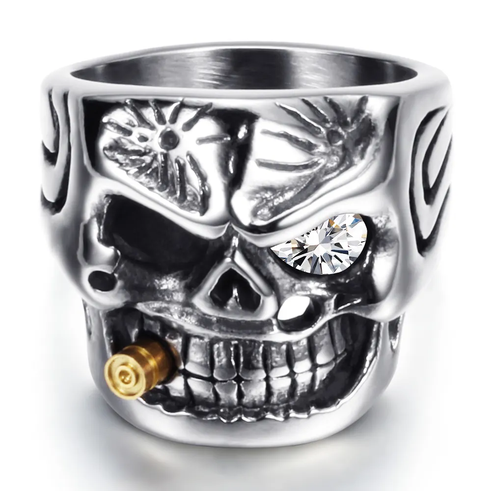 Punk Jewellery 316L Stainless Steel Men Ring Vintage Viking Skeleton Finger Band Rings With Crystal Eye Men's Jewelry
