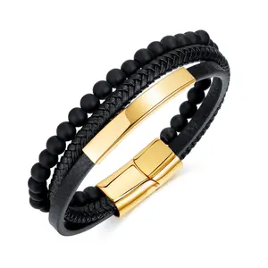 OYA Jewelry Trendy Layered Beaded And Woven Leather Stainless Steel Bracelets For Male Female Bracelets