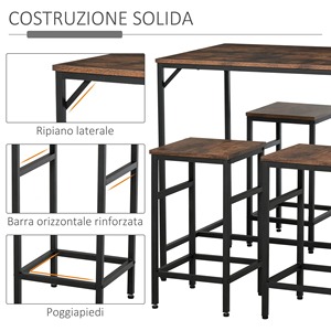 HOMCOM stile industriale tavolo alto con 4 sgabelli in metallo e legno, soggiorno moderno e mobili da cucina, rustico marrone - Product Image 3