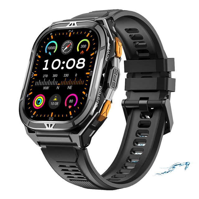 NX W38 Men's Square Smart Watch GPS 1.96Inch AMOLED BT Call 50M Waterproof Compass 100+ Sports Modes Alloy Case Silica Gel Band