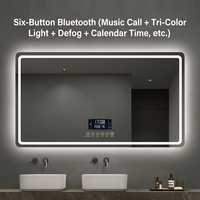 Miroir de salle de bain intelligent carré moderne pour hôtel, personnalisé, LED trois couleurs, gradation, anti-buée, 6 touches, haut-parleur, écran tactile