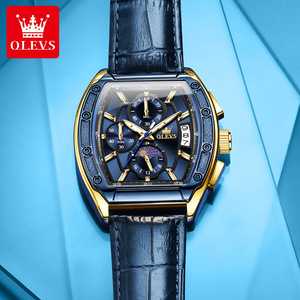 OLEVS 3661日期展示时尚新款男士石英发光黑色真皮表带Tonneau表盘手表独特设计手表 - Product Image 3