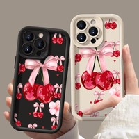 Coque de téléphone portable tendance avec nœud cerise pour iPhone 16 15 17 18 Pro Max 14 13, couleur bonbon, givrée, antichoc, protection arrière