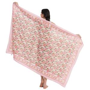 Pareo de algodón con estampado a mano Mughal en rosa, verde y mostaza para mujer, ligero, para cubrir el bikini, ropa de verano - Product Image 1