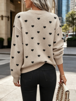 Pull en tricot à col rond pour femme, à manches longues, avec motif jacquard en forme de cœur, ample (personnalisable)