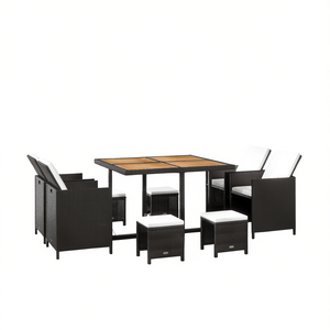 Ensemble de meubles de jardin d'extérieur en rotin noir PE, table en teck 6 places, design contemporain pour terrasse - Product Image 1