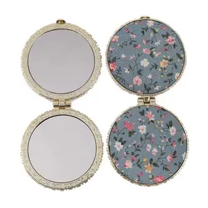 Miroir de courtoisie double face portable en tissu à fleurs vintage Miroir de maquillage de poche rond rectangulaire en forme de cœur