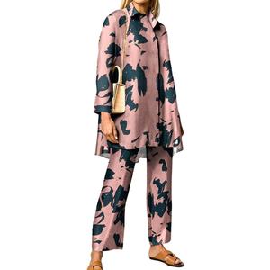 Ultima tendenza due pezzi <span class=keywords><strong>abbigliamento</strong></span> <span class=keywords><strong>donna</strong></span> camicia a maniche lunghe e pantaloni lunghi stampa set abiti di moda per le donne - Product Image 1