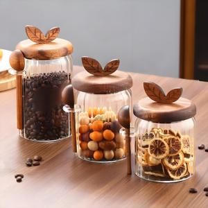 Venta al por Mayor de Recipientes de Vidrio para Almacenamiento de Cocina <span class=keywords><strong>con</strong></span> Rayas Verticales Acordonadas, <span class=keywords><strong>con</strong></span> <span class=keywords><strong>Tapa</strong></span> de Madera y Cuchara - Product Image 4