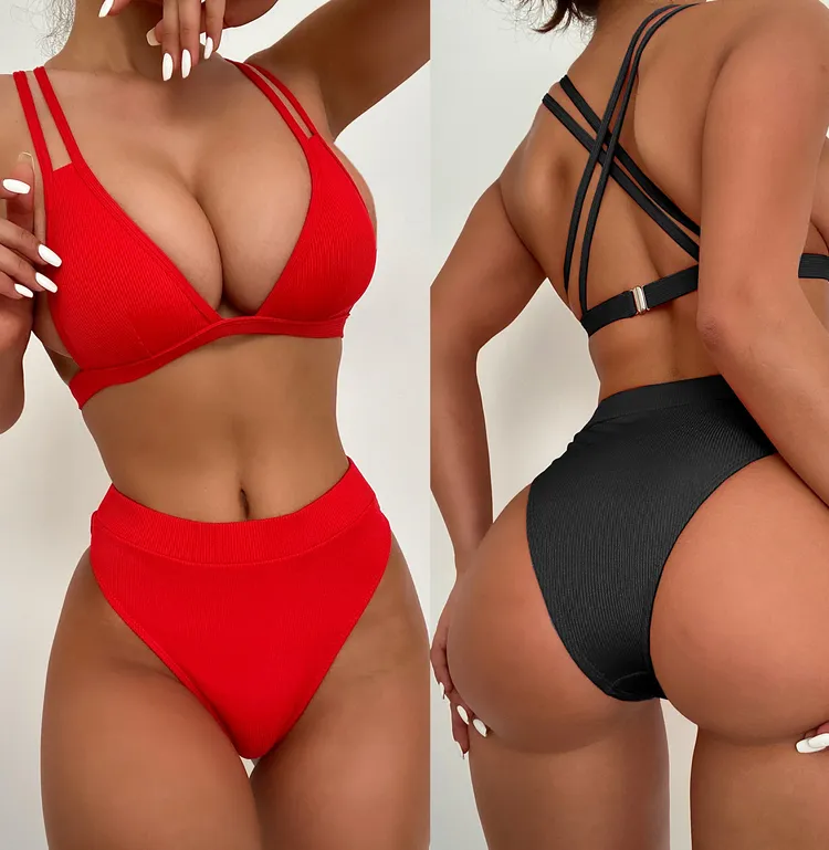 2022 New trendy ribbed fabric red cross bandage halter micro thong 2 piece split swimsuit high waist sexy bikini