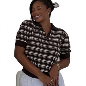 Blouse d'été tendance pour femme à manches courtes, col rabattu, décontractée, respirante, tricotée rayée style vintage - Product Image 3