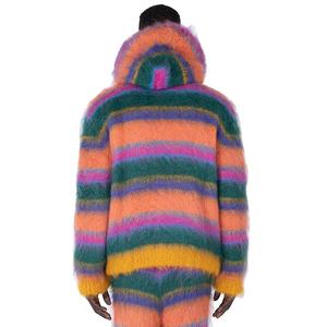 Personalizado OEM y ODM Mohair hombres suéter borroso manga larga de punto de invierno a rayas con cremallera con capucha de punto hombres cárdigan suéter - Product Image 4