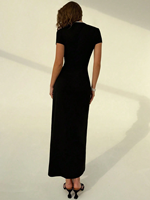 Robe longue Cheongsam noire pour femme, col mandarin, découpe frontale, manches courtes, moulante, fendue