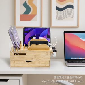 Estación de carga de bambú con cajones, estante de almacenamiento de varias capas para tabletas, portátiles y teléfonos, organizador de escritorio - Product Image 4