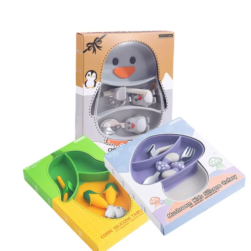 New Silicone Plates For Children Dishes Mushroom Penguin Rabbit Silicone Baby Feeding Set baby plate suction silicone