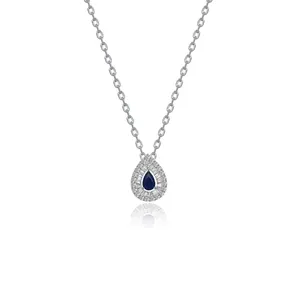 Dainty 925 Sterling Silver CZ Blue Sapphire Water Drop Shape Angle Tear Pendant Necklaces For Women Wedding Anniversary Gift