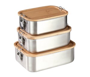 Eco-friendly Camping Lunch Box Wooden Lid 304 Stainless Steel Rectangle Lunch Box Food Storage Containers