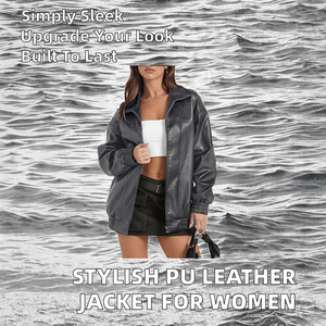 Veste en cuir PU tendance automne à la mode, crochetée, logo brut sur le devant, manches longues, revers, poches latérales zippées, décontractée pour femmes - Product Image 2