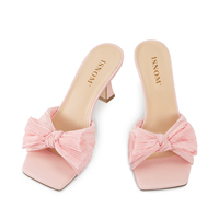 WETKISS Günstige Rosa Große Schleife Plissierte Mules Damen Pantoletten Sandalen Offene Quadratische Zehenpartie Hoher Absatz Brautkleid-Schuhe für Hochzeiten