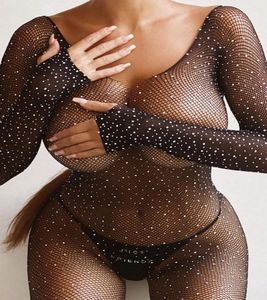 Vente Flash : Bodystocking Transparent Diamanté en Résille pour Femme, Modèle Entrejambe Ouvert - Product Image 1