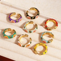 Cincin Wanita Gaya Cina Trendi Terbaru, Berlapis Emas, Tembaga, Motif Bunga Enamel Warna-warni, Model Cuff Terbuka