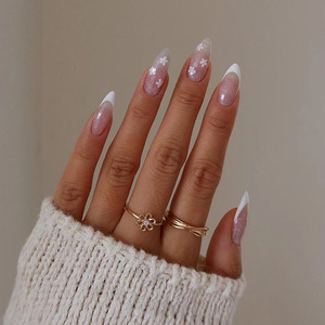 Faux ongles courts en forme d'amande nude avec paillettes <span class=keywords><strong>argent</strong></span>ées à presser - Product Image 4