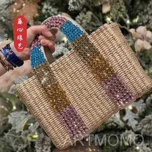 קיץ פנינת קשת תיק יוקרה יהלומי ידית תיקי נשים בעבודת יד חרוזים קש שקיות חג חוף שליח תיק