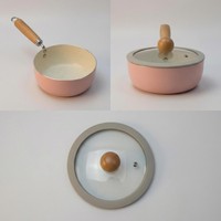Casserole en acier au carbone 1,5 L rose avec poignée en bois, couvercle en verre, revêtement antiadhésif pour cuisinière à gaz et à induction