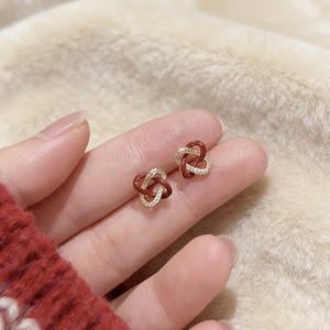 S925 Silver Stud Earrings Red Love Knot Geometric Design For Women Gift Jewelry - Product Image 4