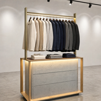 Présentoir à vêtements LED avec cadre doré, armoire à tiroirs et base en bois – Vente directe usine