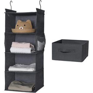 Organisateur de placard suspendu à 4 étagères, 33x15x85cm, pliable avec poches latérales pour le rangement des vêtements de chambre à coucher, gris - Product Image 3