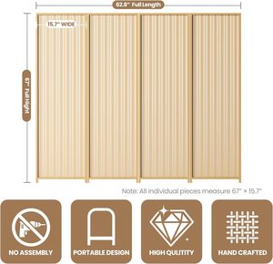Paravent à 4 panneaux extra large, écran de séparation pliable, 63'' L <span class=keywords><strong>x</strong></span> 67'' H, design asiatique en bambou pour la séparation des pièces - Product Image 2