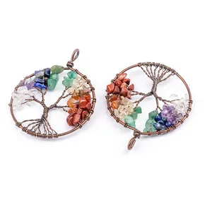 Pendentifs pour Chakra en cristal 7 couleurs, pendentifs, breloques naturelles, arbre de vie, cristal plaqué Bronze Antique, strass CN;GUA