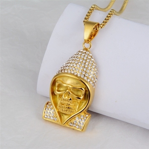 Collana con Ciondolo da Uomo in Acciaio Inossidabile Placcato Oro, Impermeabile e Inossidabile, Stile Hip Hop Gotico Trendy con Motivo Morte, Gioiello Semplice - Product Image 3